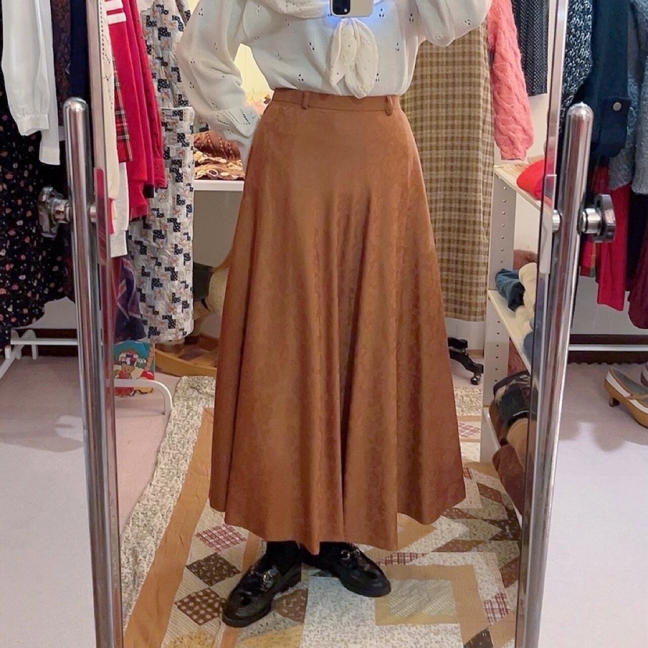 camel brown flower flare skirt