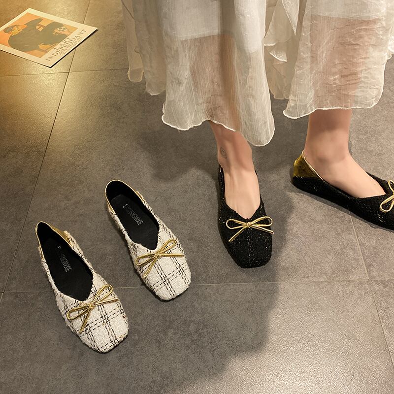エンドウ靴女性2020年春新しい弓小さな香りスタイルスクエアヘッドフラットボトムソフトボトムスクープシューズ穏やかな浅い口シングルシューズ 部族の婦人靴8779563