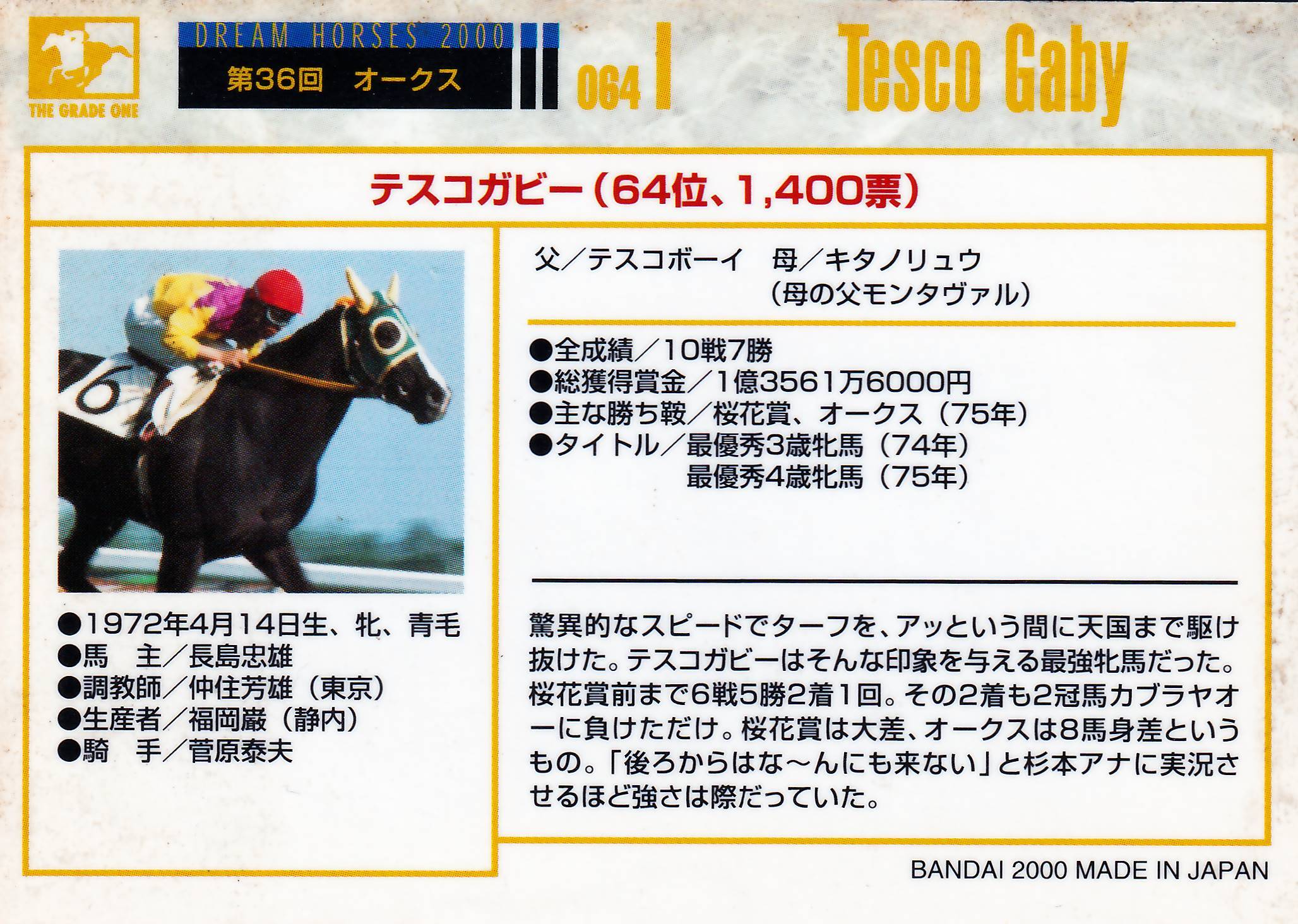 D*K様 第36回オークス テスコガビー号 優勝記念額 テスコガビー：第36回 オークス(金文字仕様)「THE GRADE ONE 20世紀の