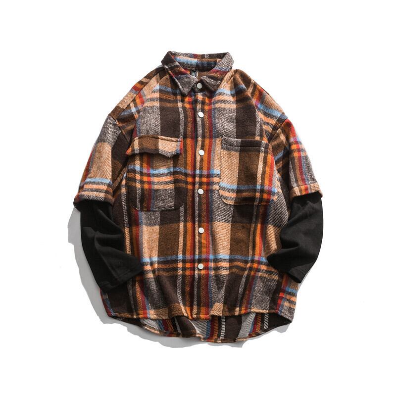 【新作】【送料無料】 Clothes Road Vintage 20 Autumn Loose ese Art Style Boys Wild CheckCardigan長袖ラペルシャツ-Alibaba ロング カーディガン オータム 秋物 ビンテージ hip6-16116937913352