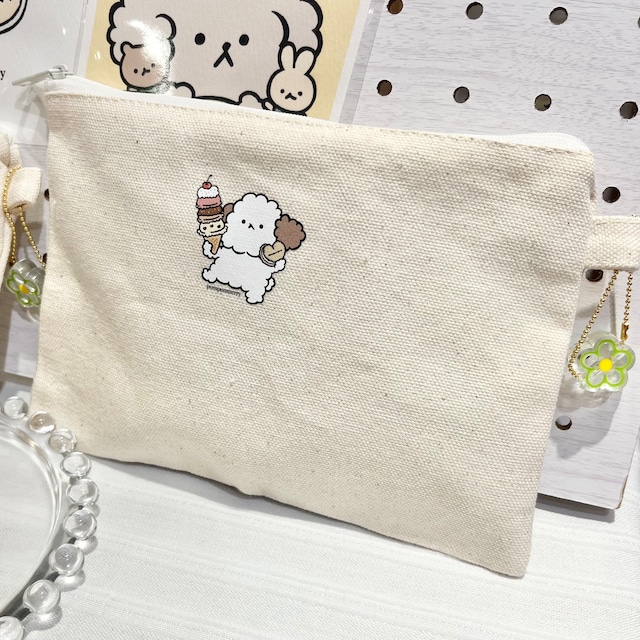 茶みみわんわんお花チャーム付きポーチ