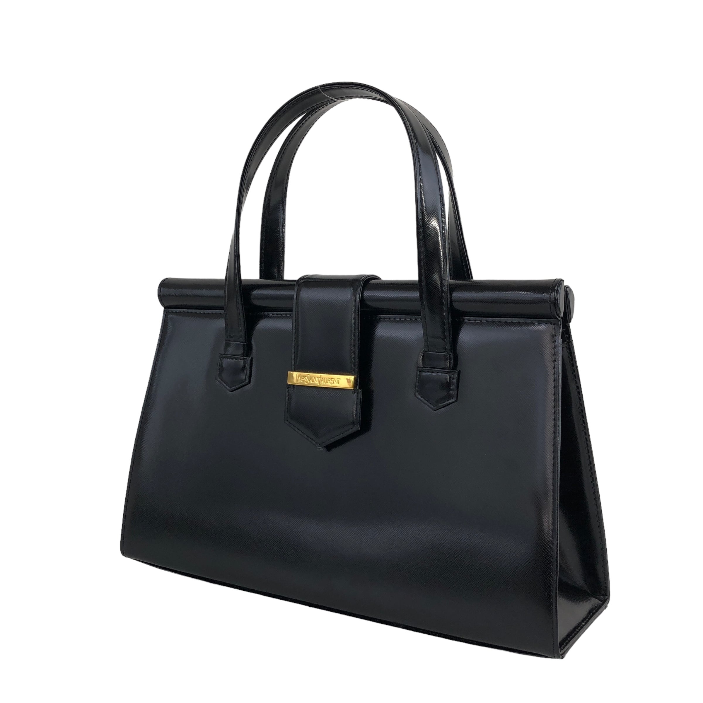 サンローラン　ブラックレザーハンドバッグ　ヴィンテージイヴサンローラン Yves Saint Laurent イヴ・サンローラン YSLロゴ レザー ハンドバッグ