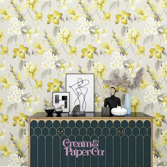 ウォームグレー × イエロー Tropical flower FL1-778001MT for DIY 53㎝×10m リピート53㎝