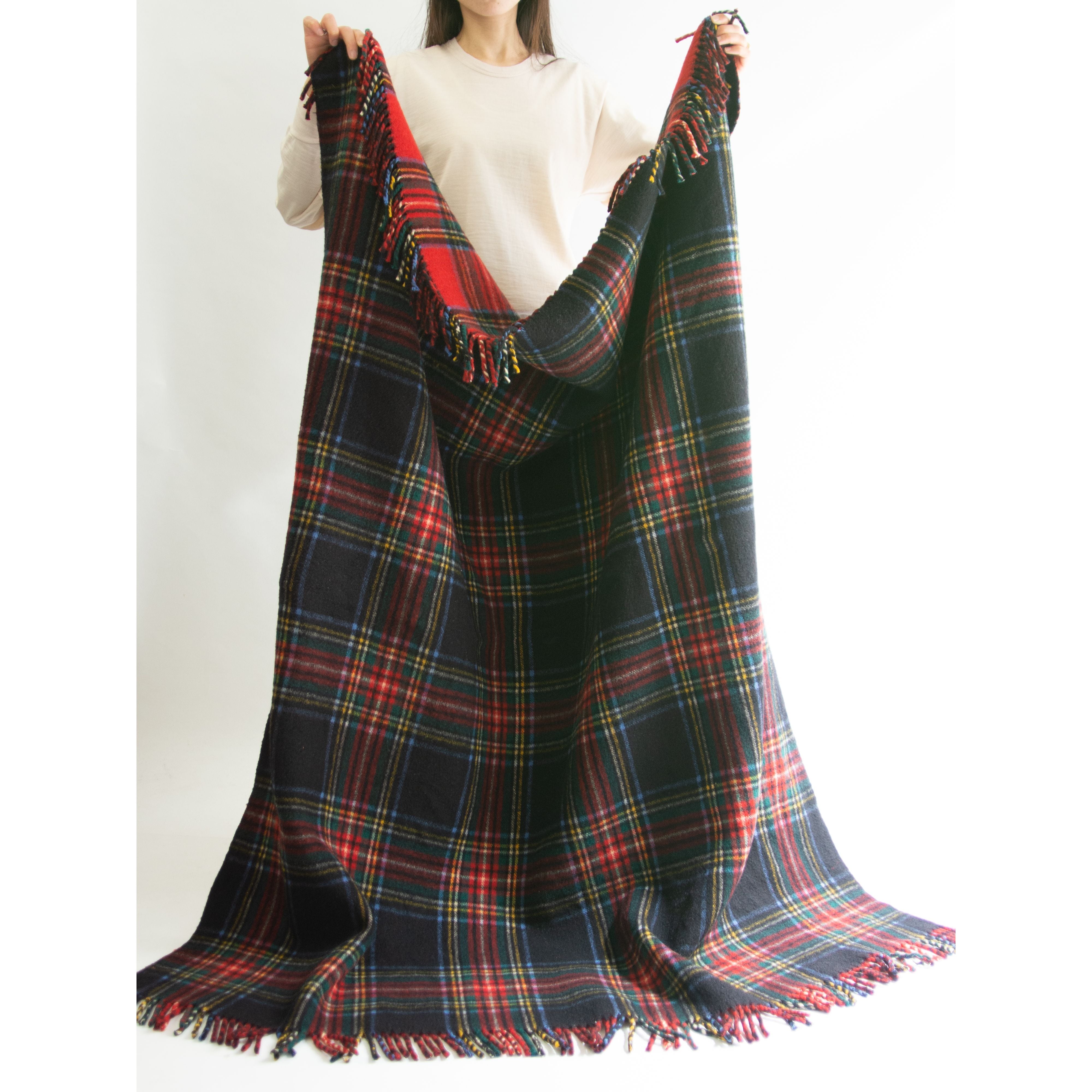 【SELFRIDGES】British made wool blanket royal / black stewart 140×170cm（セルフリッジズ 英国製 チェック柄ウールブランケット）1c