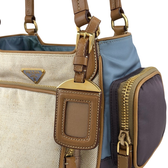 PRADA プラダ トートバッグ ベージュ ブルー トライアングルロゴ キャンバス マルチポケット vintage ヴィンテージ オールド fkki3a