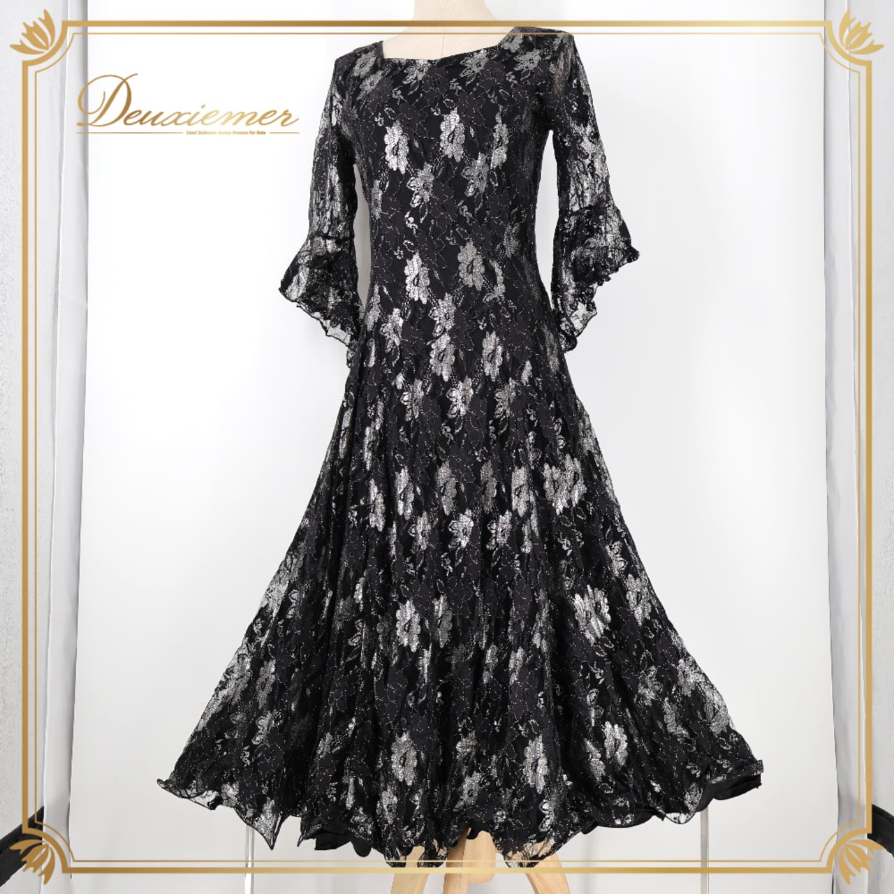 社交ダンス 衣装 prima boutique プリマブティック ドレス ワンピース ブラック系 花 花柄 黒 レース フリル 練習 レッスン 伸縮 ストレッチ ダンス衣装 イベント ステージ パーティー おしゃれ シルバー系