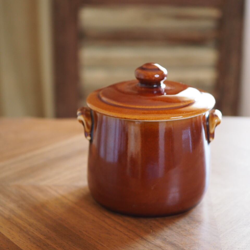 フランスヴィンテージ|飴色のビストロポット 蓋付き陶器