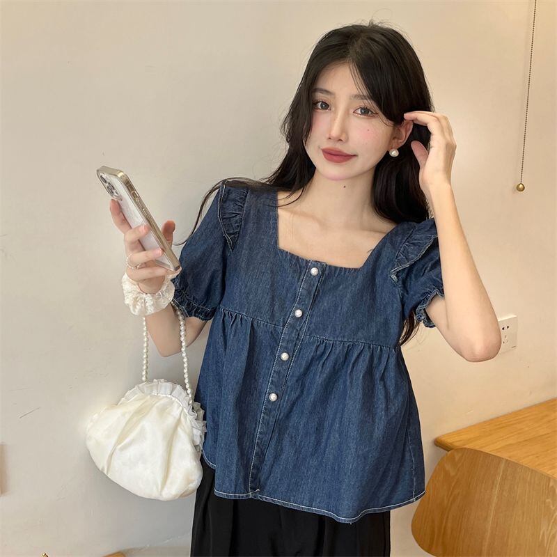 サブカル 服 地雷系 通販 トップス 半袖 スクエアネック デニム かわいい パフスリーブ