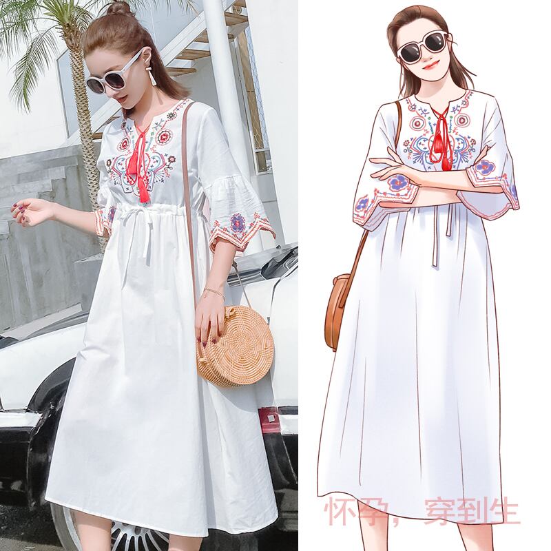 【新作】【送料無料】 ホワイト2019夏刺繡妊婦ルーズドレスショートフレアスリーブウエストマタニティシフォンドレススウィート 刺繍 大人ガーリー キュート カジュアル サマー 夏物 AL expec360879020505