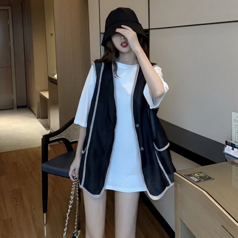 夏の新しい女性の香港フレーバールーズで薄いミドル丈T +ネットレッドシンネットヤーンワイルドベストツーピーススーツタイド YY-ファッション4983860258