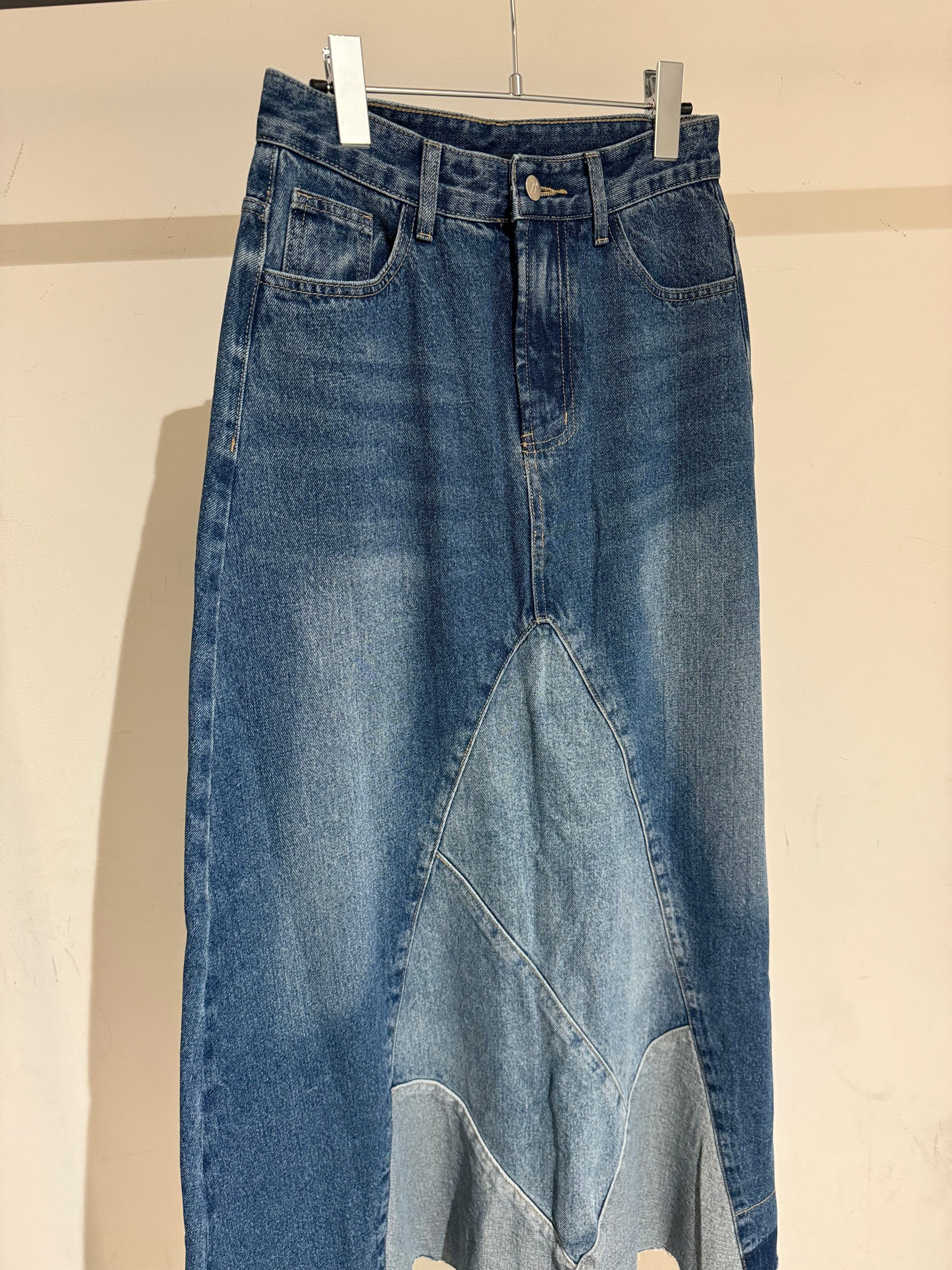 patchwork denim long skirt