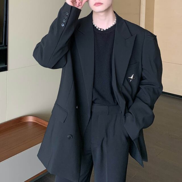 【予約販売】ジャケット ストライプ柄 無地 モード メンズ ブラック ボリュームショルダー ドレスアップ シック 結婚式 パーティー こなれ感 お洒落 韓国 トレンド M/L/XL