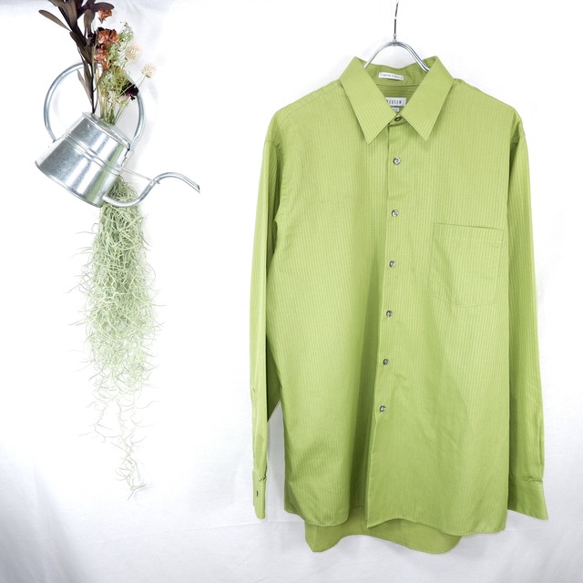 [L] VAN HEUSEN Yellow Green Satin Stripe Dress Shirt | ヴァン・ヒューゼン 黄緑 サテン・ストライプ ドレスシャツ