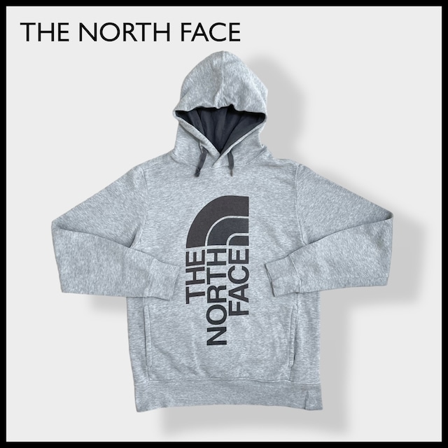 【THE NORTH FACE】ビッグロゴ 縦ロゴ プリント パーカー プルオーバー スウェット フーディー hoodie アウトドア M グレー ノースフェイス us古着