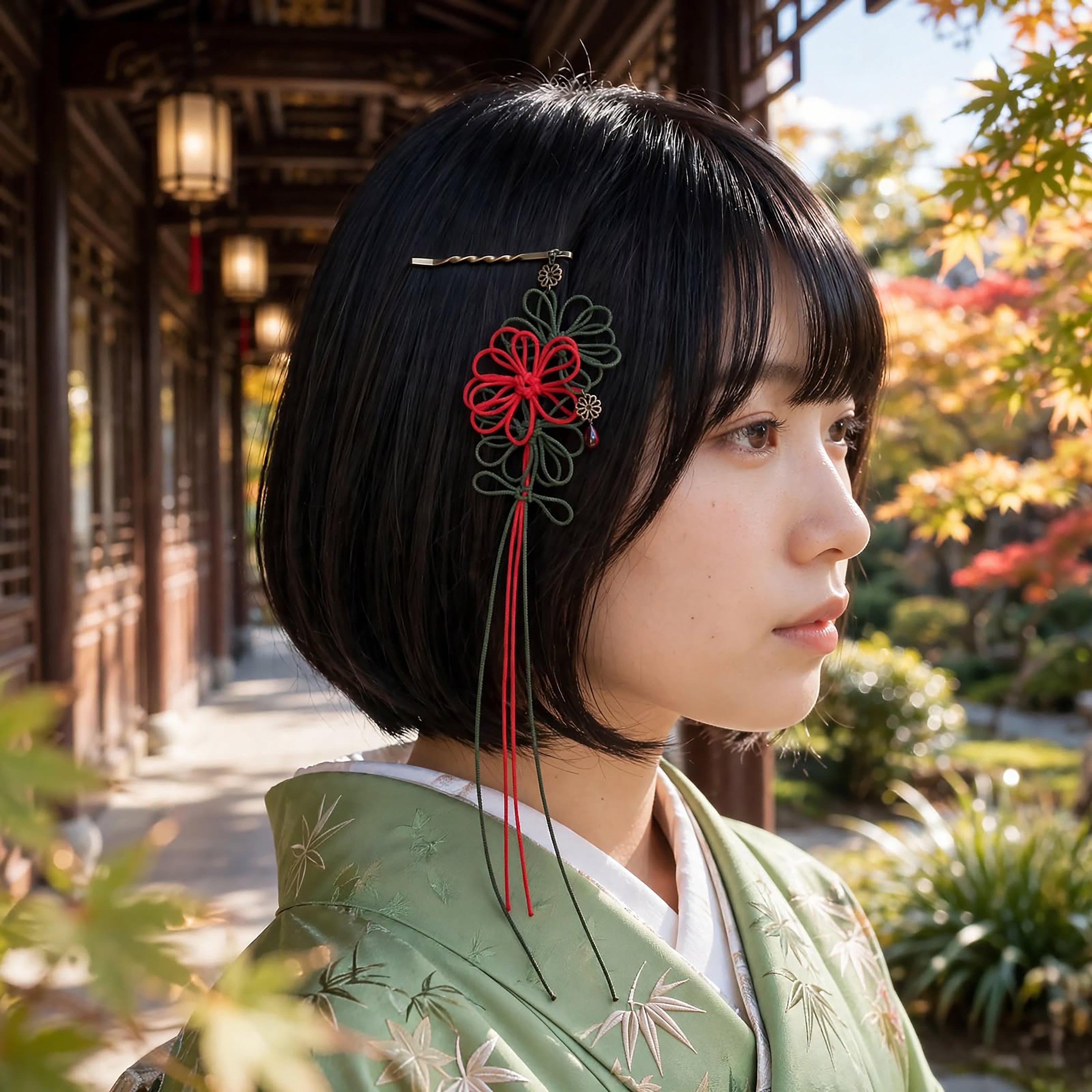 飾り結びヘアピン「陽の艶、日々に」(朱×深緑)【軽量快適】ショートヘアも簡単和風アレンジ。