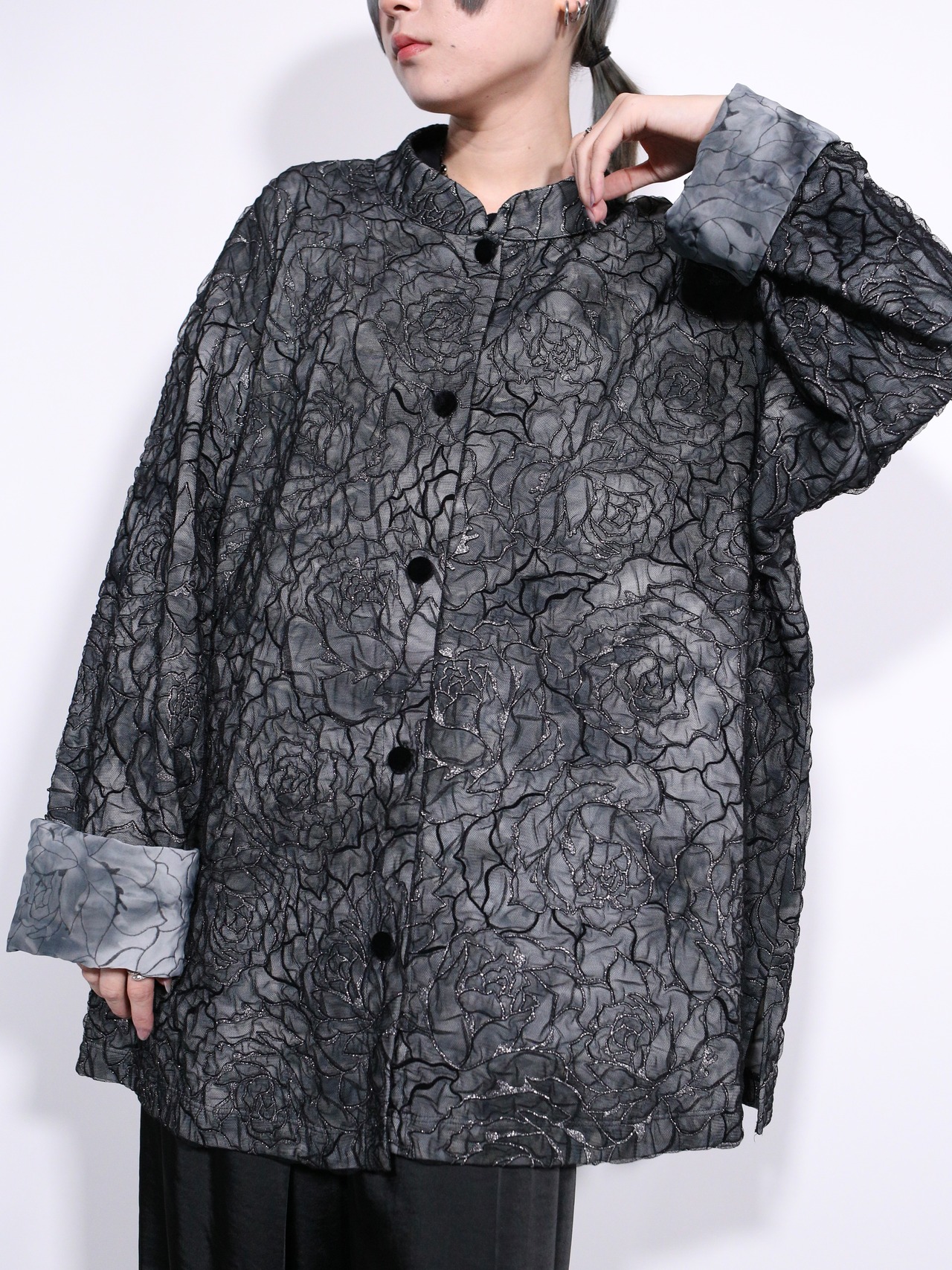 "刺繍" and mesh fabric design XXX wide silhouette shirt jacket - 1