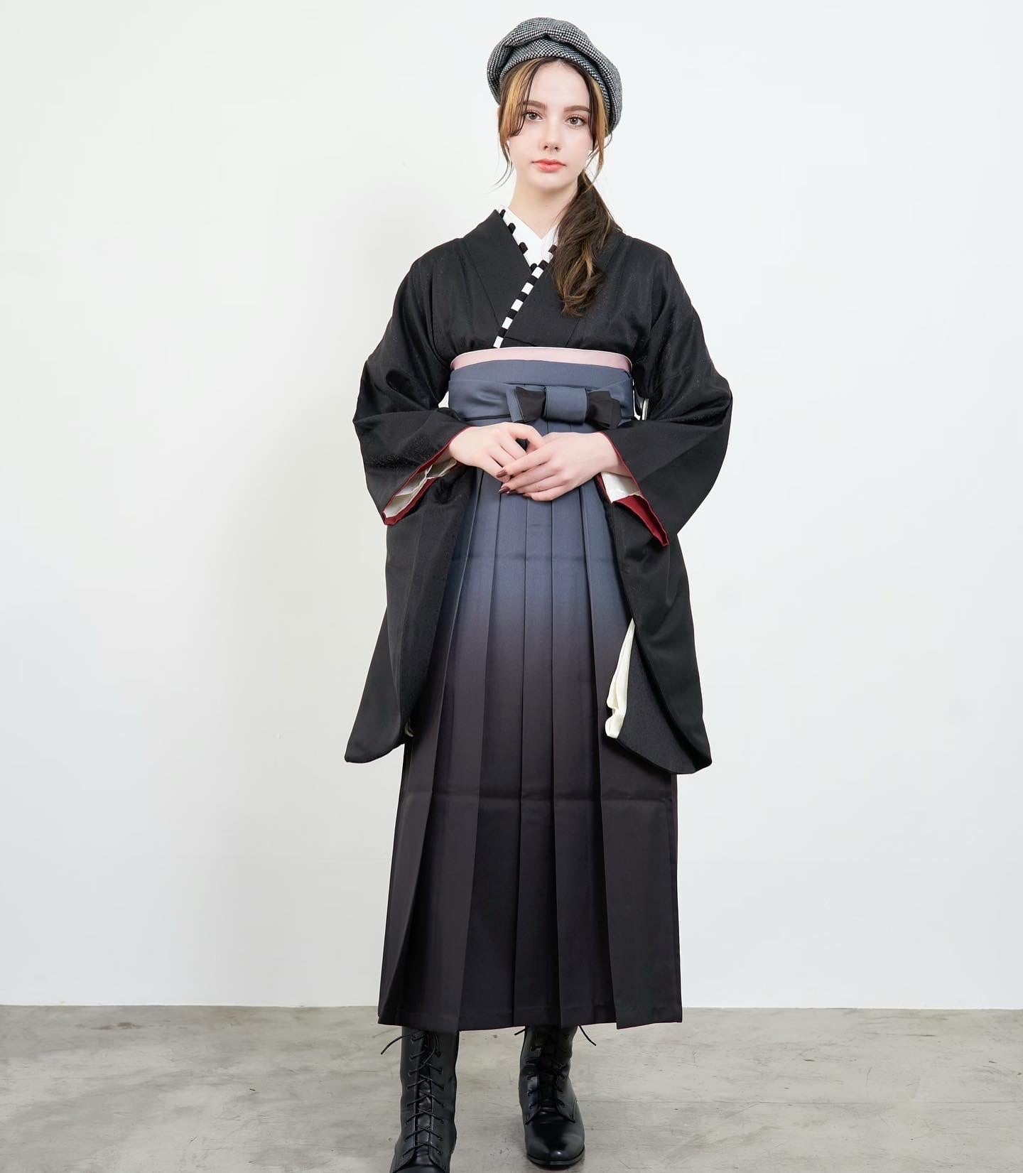 Kimono Sienne 卒業式袴3点セット 黒コーデ 黒袴 袴 二尺袖着物 袴