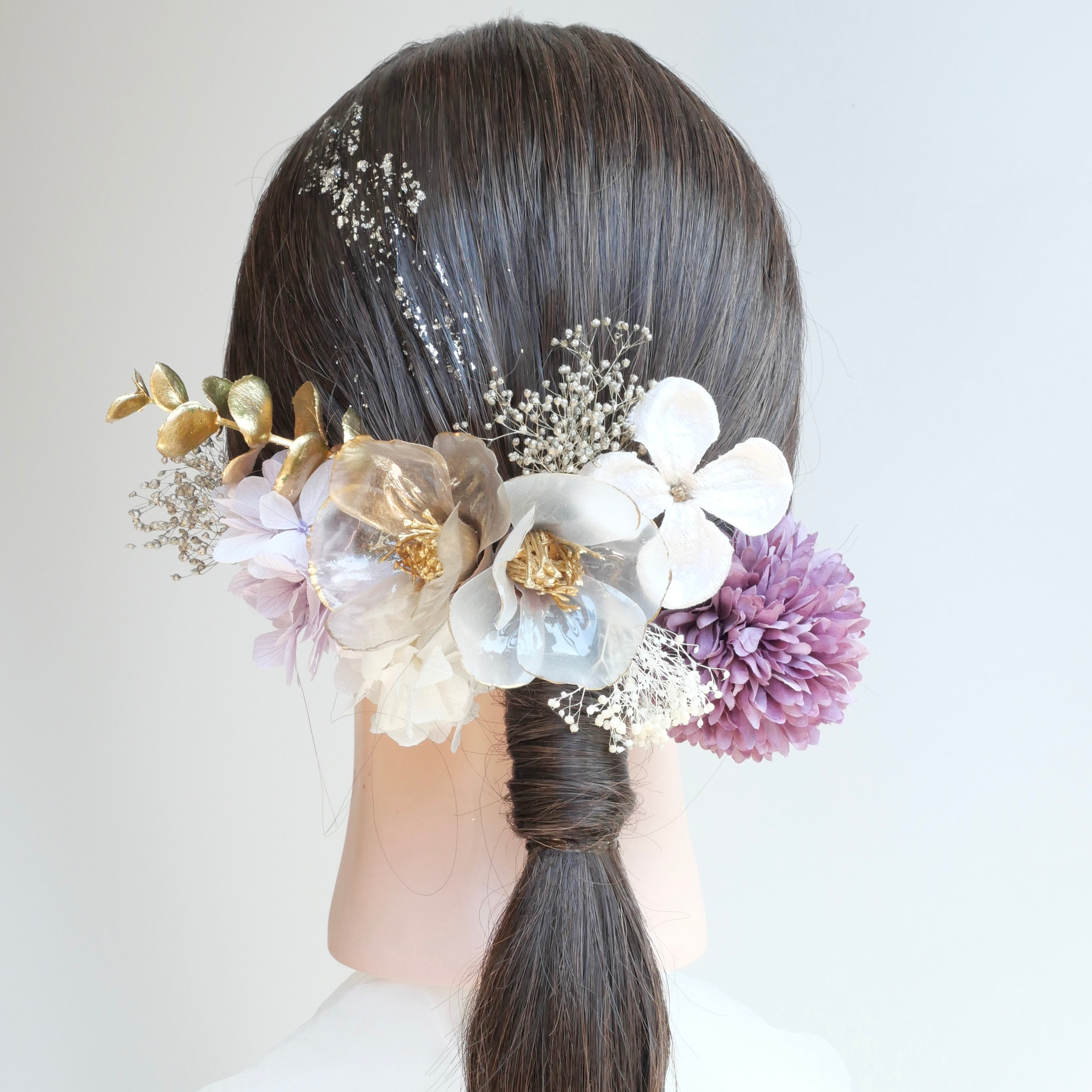 A152 パープル クリア椿 ドライフラワー 髪飾り 成人式 卒業式 振袖 結婚式 袴