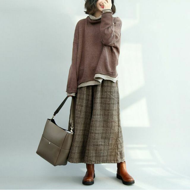 秋冬にピッタリの厚手ワイドパンツ チェック柄 韓国ファッション