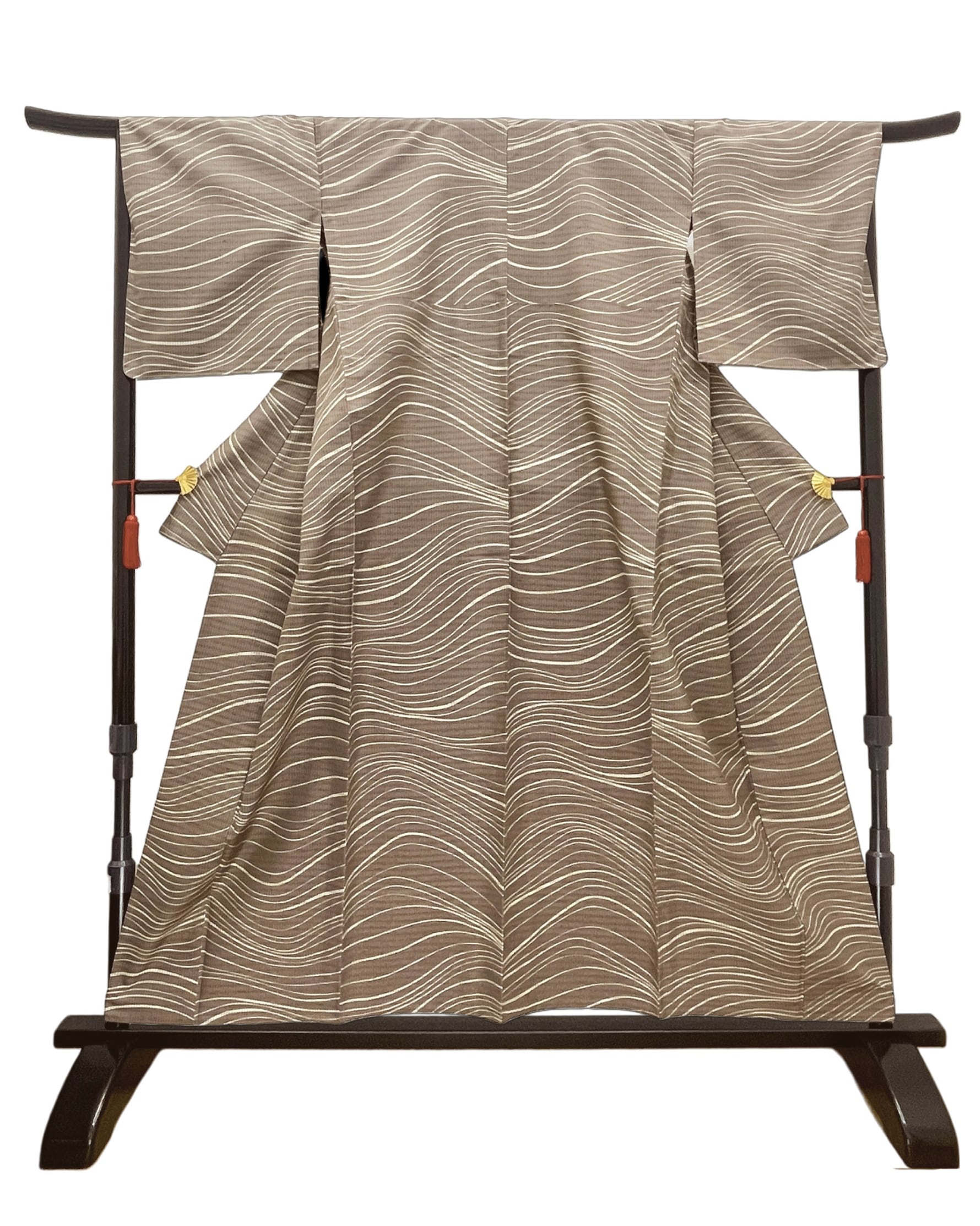 (単衣)煤竹地浪模様 伊那紬 しつけ糸付き LUKMO-007(リユース品)