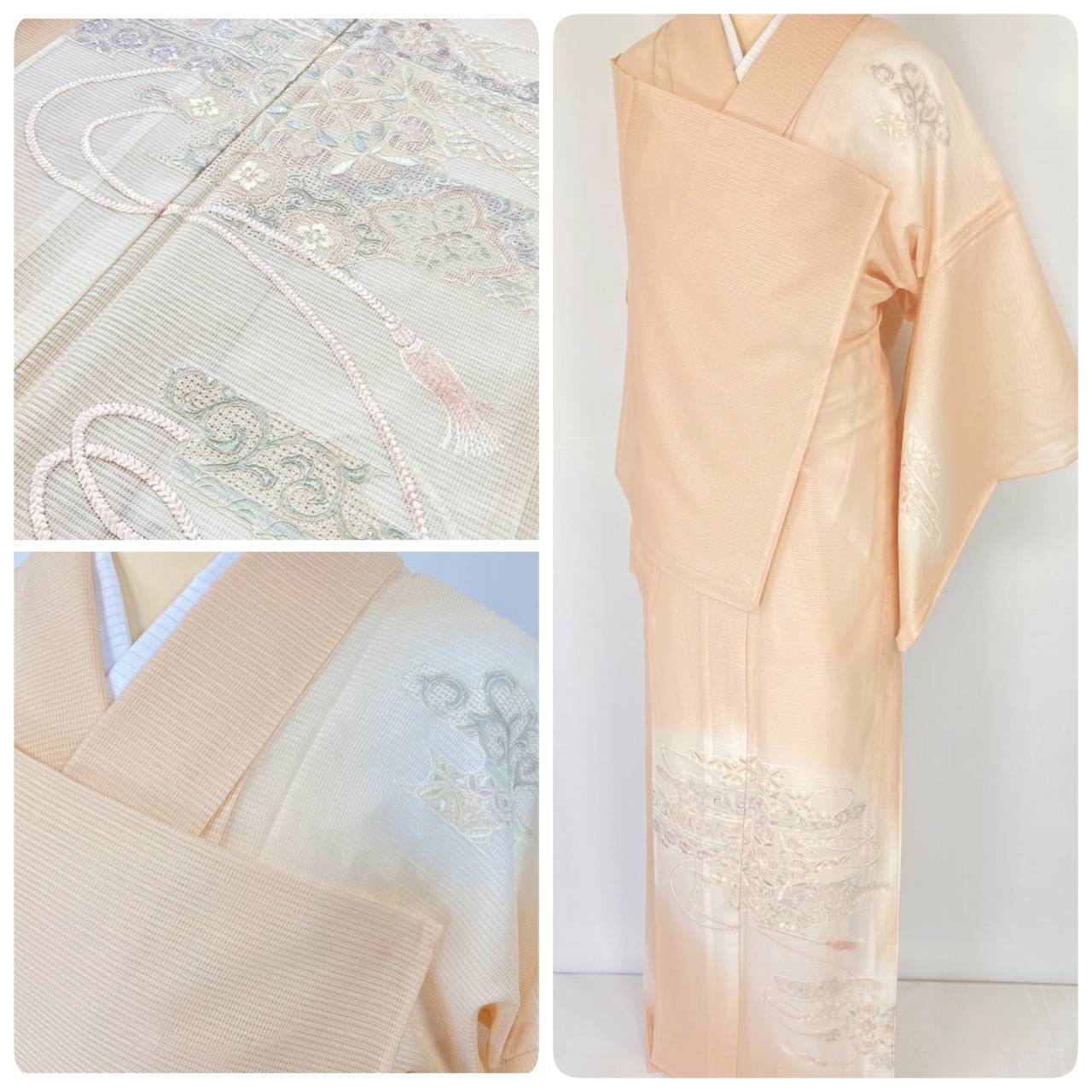 夏】汕頭刺繍 総刺繍 絽 訪問着 トールサイズ 華紋 正絹 オレンジ 1046-