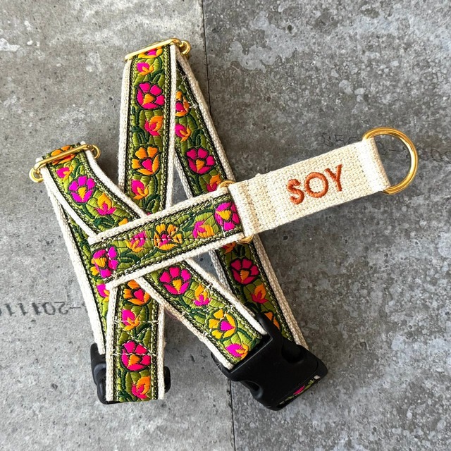 ハーネス ネーム刺繍 Flower oriental green