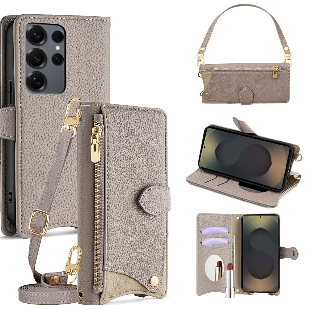 For Galaxy S26 Ultra ケース 手帳型 ショルダー For ギャラクシーS26 ウルトラ SC-53G/SCG37/SM-S948Z カバー 財布型【 ストラップ 長+短 2本】化粧鏡付き ジッパー小銭入れ カード収納 横置き 耐汚れ PUレザー 防指紋 高耐久性 女性用 贈り物 COCOCLOUD グレー01