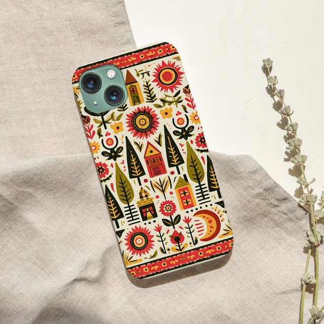 受注生産 iPhoneケース 太陽と花の細密民芸パターン｜フォークアート PSYF053B