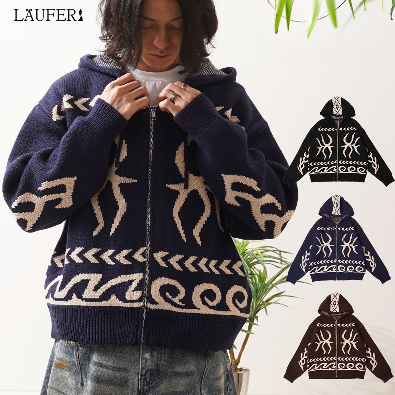 ◆Wジャガード ニットZIPパーカー◆lf-26004