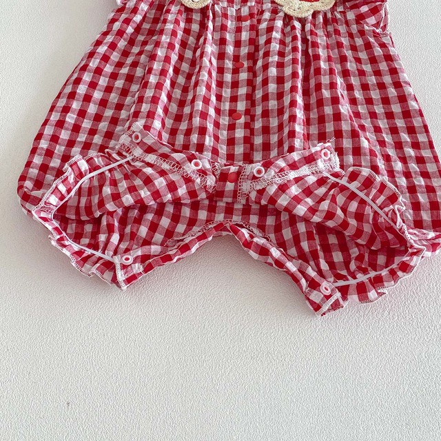 【BABY】ストロベリー刺繍チェック柄レース襟ロンパース - 14