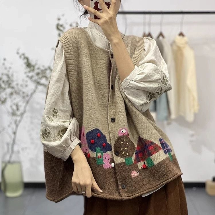 RETRO DESIGN ROUND NECK WIDE CARDIGAN KNIT VEST 1color M-8618