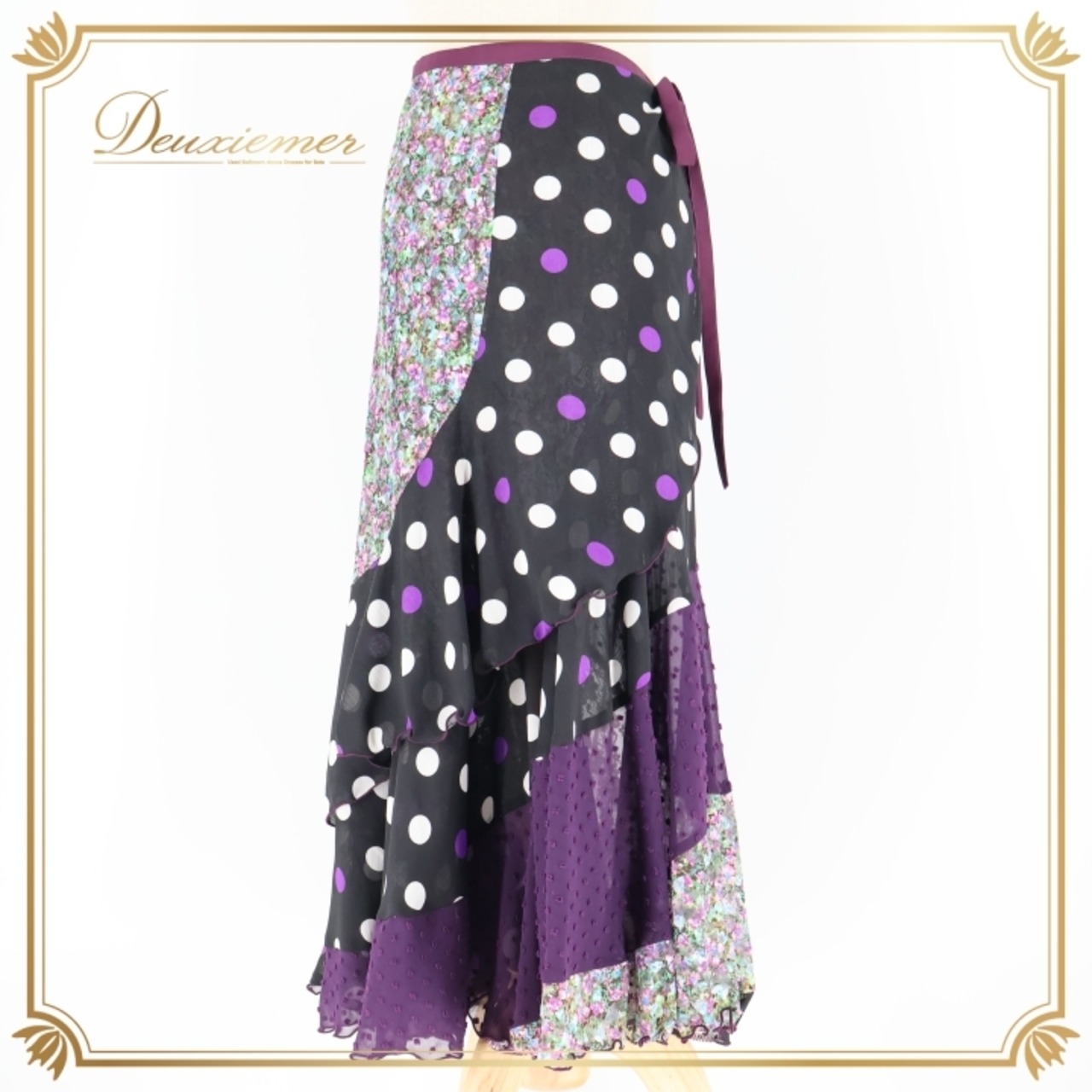 フラメンコ 衣装 巻きスカート ラップスカート ファルダ スカート 紫 黒 ドット 水玉 フリル ボランテ リボン 軽い 薄い ブラック系 パープル系 おしゃれ ドレッシー カジュアル パーティー イベント ダンス衣装 シンプル フェミニン 軽量