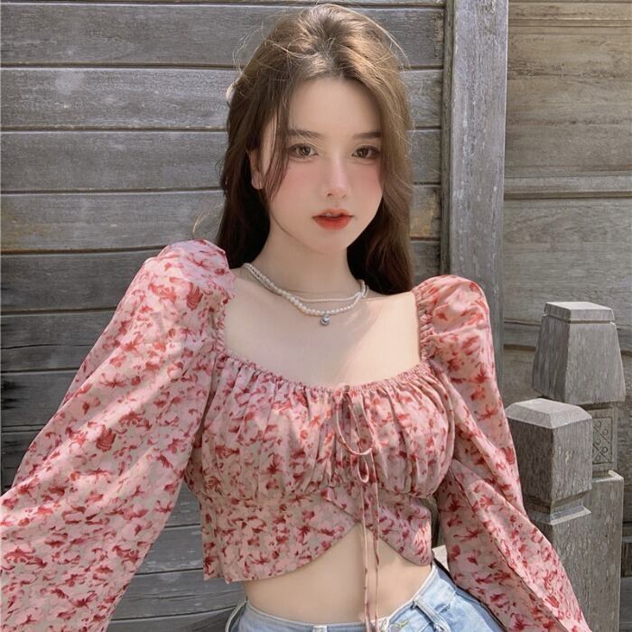 スプリングスタンダードショートフローラルブラウス シフォンシャツ レディース ロング レトロ レース 大人ガーリー スウィート キュート カジュアル 春物 花柄 レースアップ ドラファッションホール40728308389