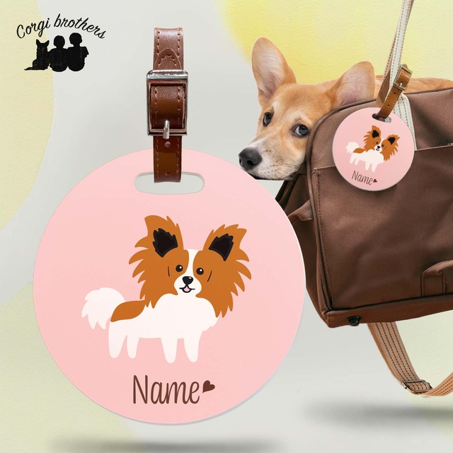 【 パピヨン 毛色4色 】パステル色 名入り バッグタグ ベルト付き　犬　うちの子　ペット　プレゼント