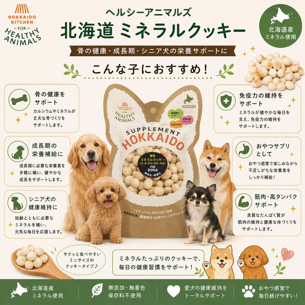 【犬 おやつ 無添加】北海道産 ミネラルサプリ クッキー 30g |カルシウム ミネラル 栄養補給 成長期 パピー シニア 国産 無着色 植物発酵酵素 たもぎ茸配合 |ヘルシーアニマルズ