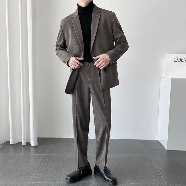 オリーブグリーン チェック柄 スリムフィットスーツ クラシカルグリーンチェックパンツスーツ テーラードジャケット