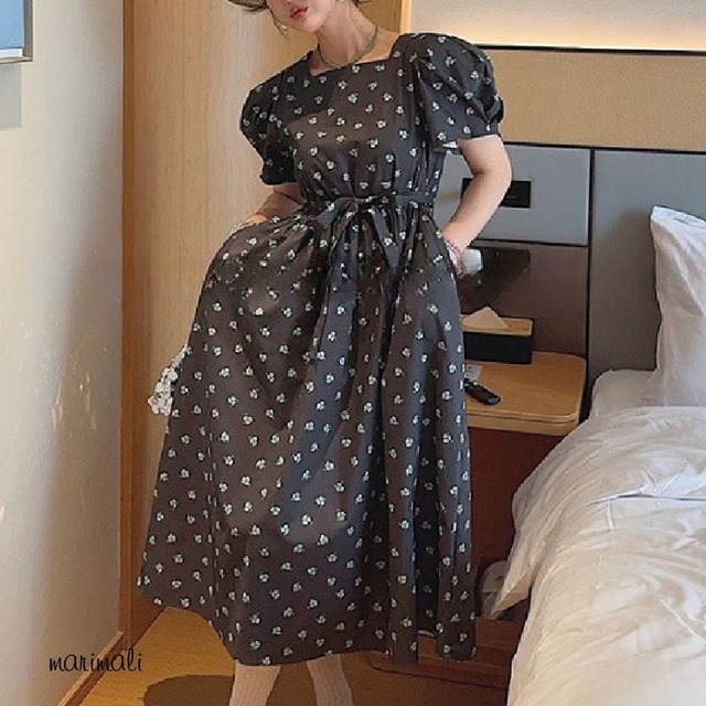 ウエストリボン パフスリーブ ワンピース 2color 26085