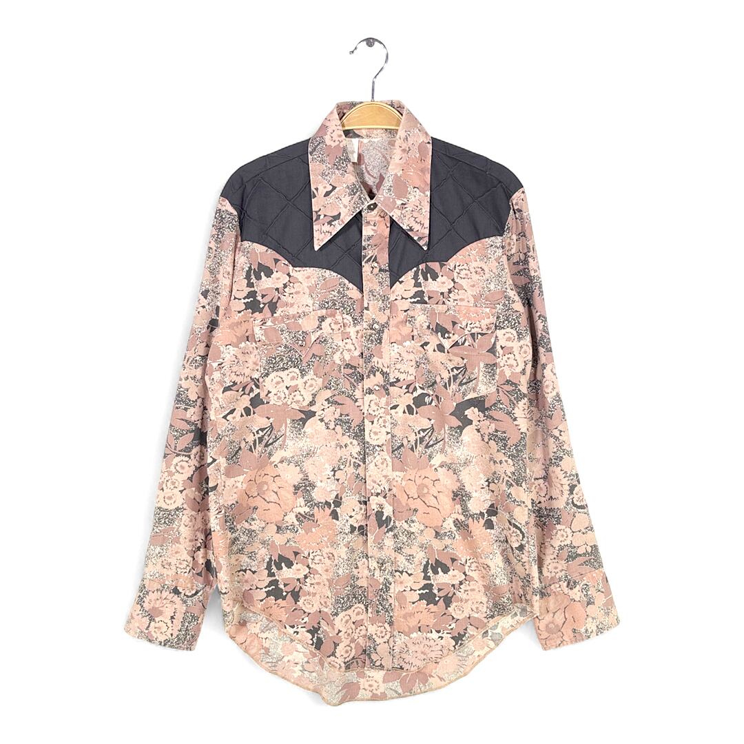 70s ボタニカル 総柄 USA製 ヴィンテージウエスタンシャツ ブラック ブラウン サイズM相当 古着 @CA1485