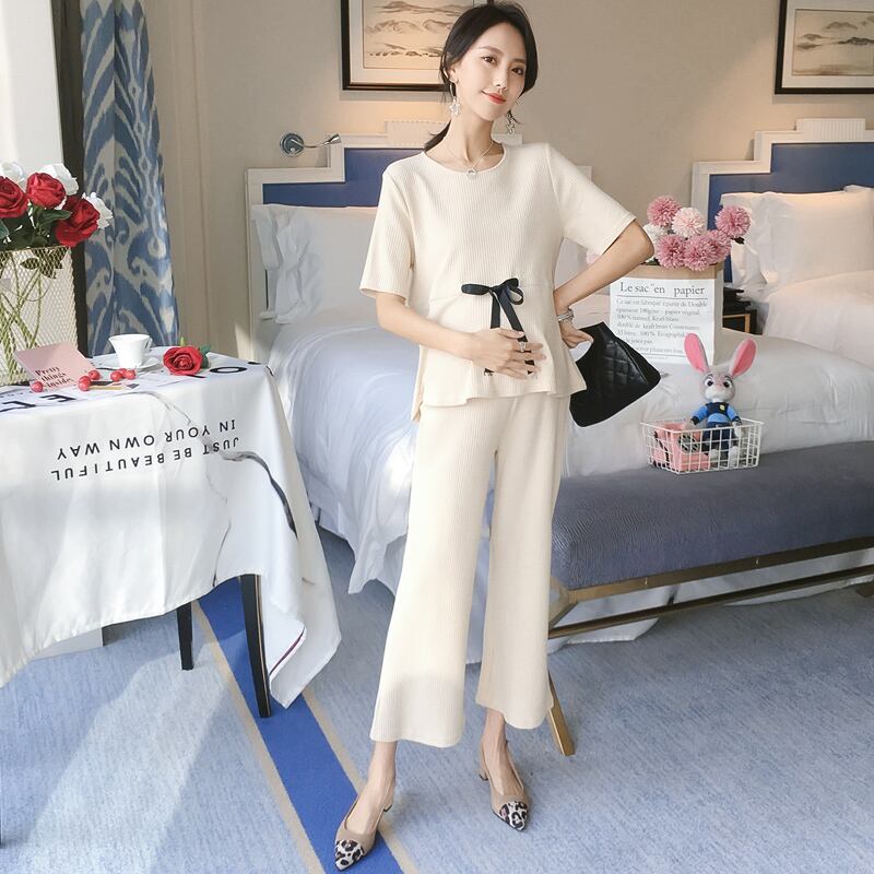 【新作】【送料無料】 2019サマーマタニティ服セット半袖ニットTシャツ+ワイドレッグベリーパンツツインセットプレグナットレディースパンツスーツマル ショート ハーフスリーブ 夏物 ワイドパンツ AL expec388514105097