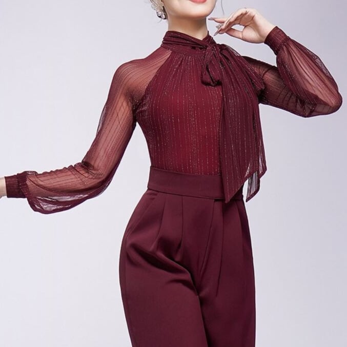 リボンタイ ロングスリーブ プルオーバー ダンスブラウス ds1105