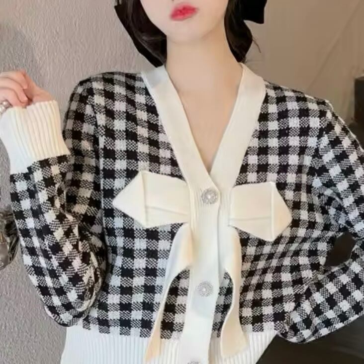 ブロックチェックリボンカーディガン