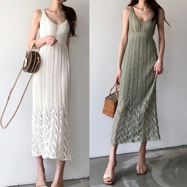 ワンピース サマードレス ニットワンピ レディース マキシ丈 ロングワンピ ノースリーブ 春夏 グリーン/ホワイト/ブラック