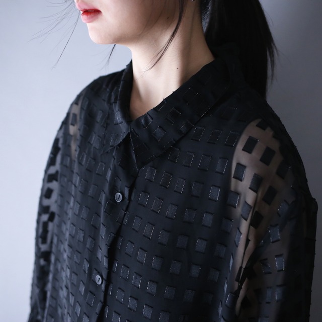 black one-tone full block pattern XX over silhouette black see-through shirt