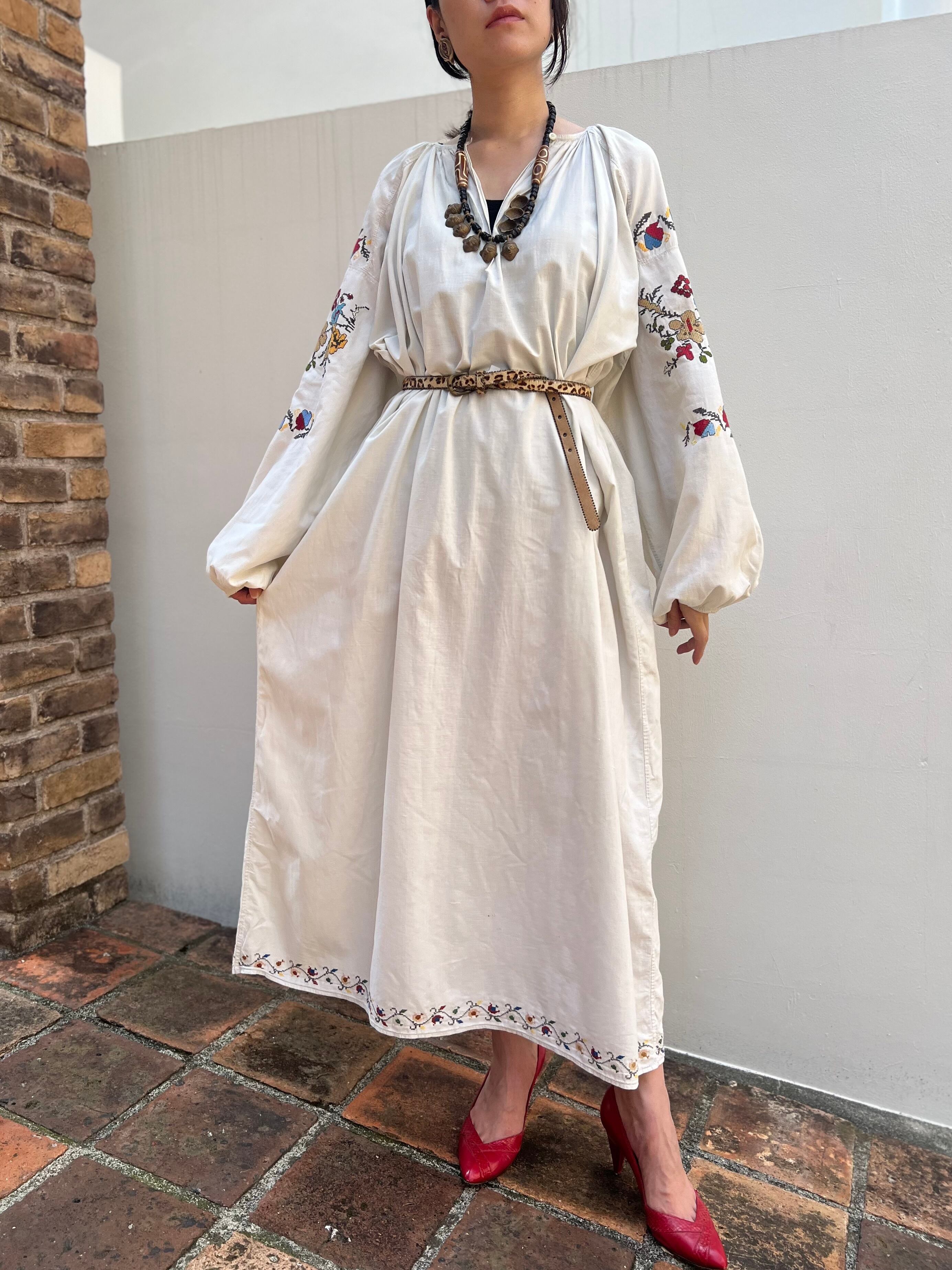 Vintage Ukraina multicolor floral embroidery white cotton dress  