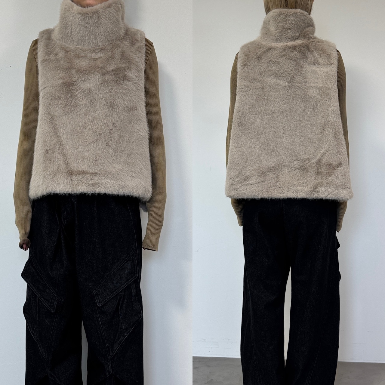 サイドボタンハイネックファーvest/ベージュ