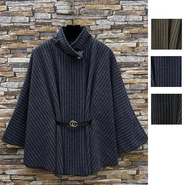ストライプ フランネル ポンチョ 取り外し可能ベルト付き 3色展開