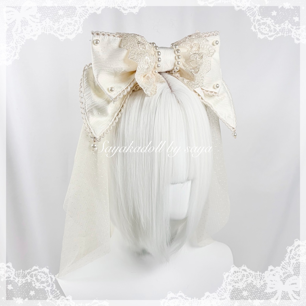♡【全7色】MAID ヴェール付き パールリボンカチューシャ navy blue ♡