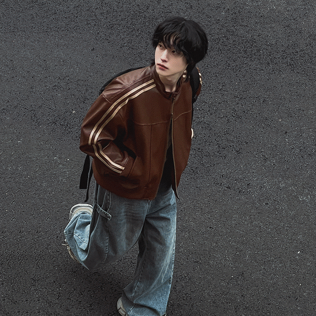 ラインデザイン レザー ジャケット コート ハイネック メンズファッション 韓国 春 秋 2色