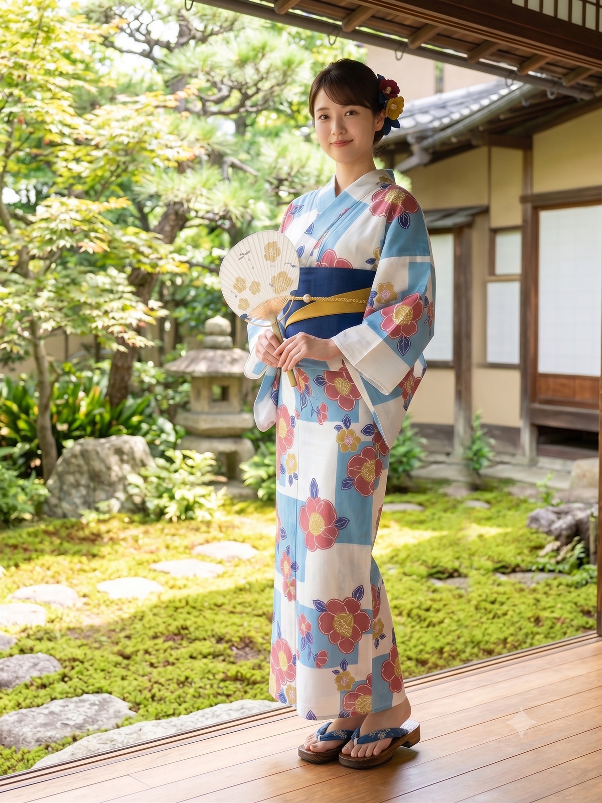 高級浴衣 単品｜水色×白の市松模様にレトロな椿柄｜綿100