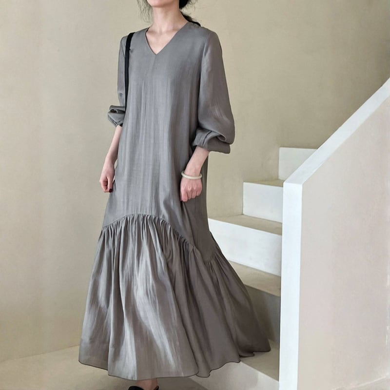 Vネック ゆったりフレアワンピース N00329